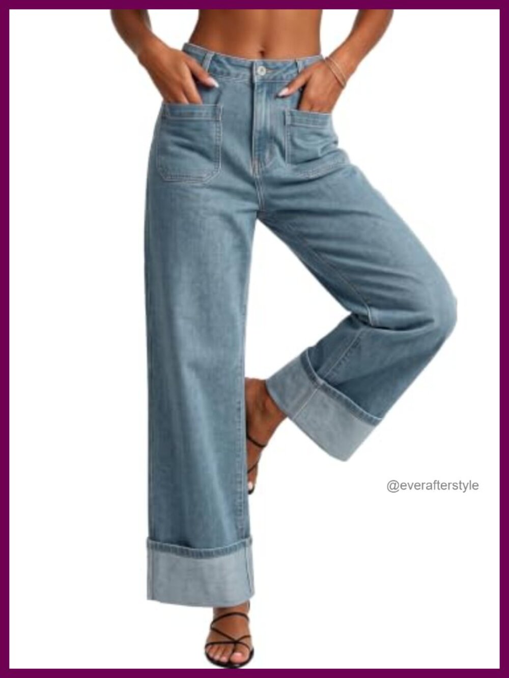 Women's High Waisted Wide Leg Stretch Denim Jeans Cuffed Hem